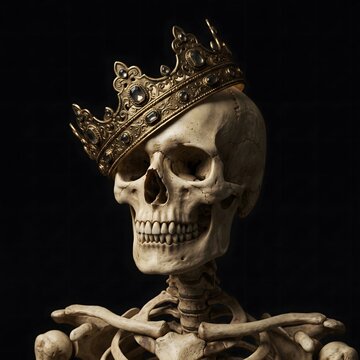Human skeleton upper body wearing ornate golden crown with dark gemstones against black background.