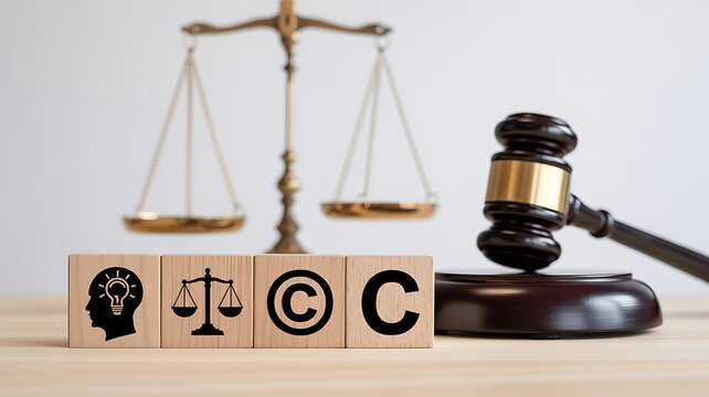 Legal compliance concept with scales, gavel, and copyright symbols representing business law and intellectual property