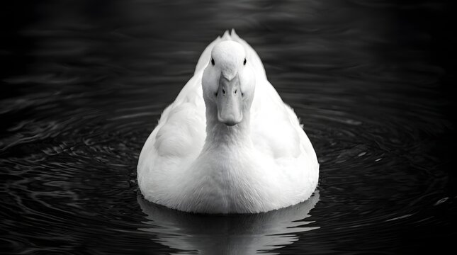 Front View Portrait of White Duck Floating on Calm Water Surface