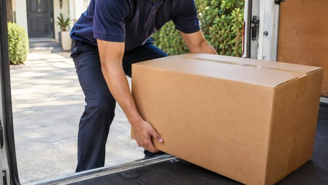 Delivery worker unloading a cardboard box from the back of a delivery van