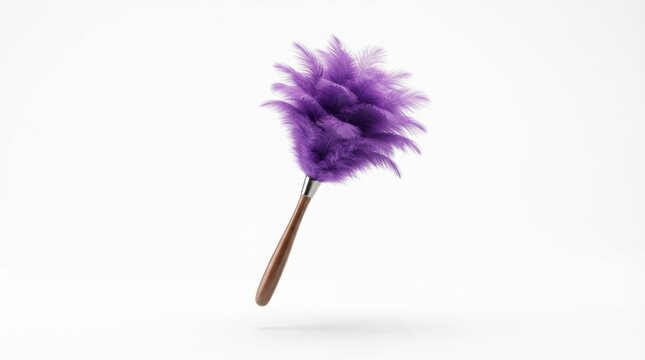 Purple feather duster with wooden handle isolated on white background for home cleaning concept 3d render