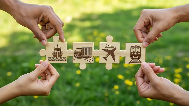 Collaborative sustainability concept with hands assembling wooden puzzle pieces representing teamwork and environmental partnership