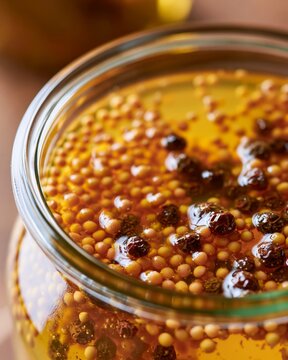 Macro detail shot of mustard seeds and peppercorns floating in a glass jar filled with oil, showcasing the rich textures and colors of the spices