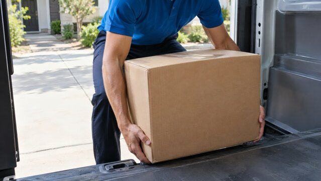 Courier unloading a large cardboard package from a transport vehicle