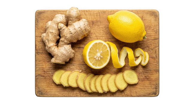 Fresh ginger root, whole lemon, lemon slice, lemon peel curls, and sliced ginger on a wooden cutting board isolated on transparent background