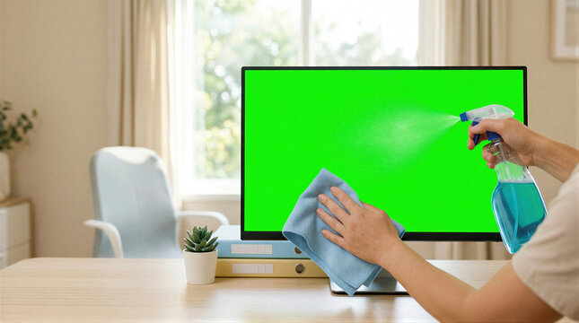 Woman cleaning green screen computer monitor with spray and cloth. Office maintenance worker disinfecting workplace. Hygiene service and digital technology sanitization concept.