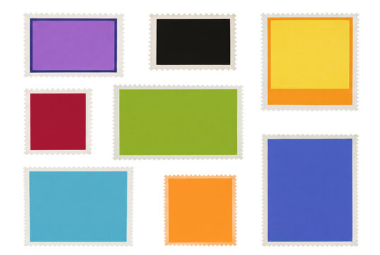 Colorful Set of Blank Postage Stamps Arranged on a Dark Surface