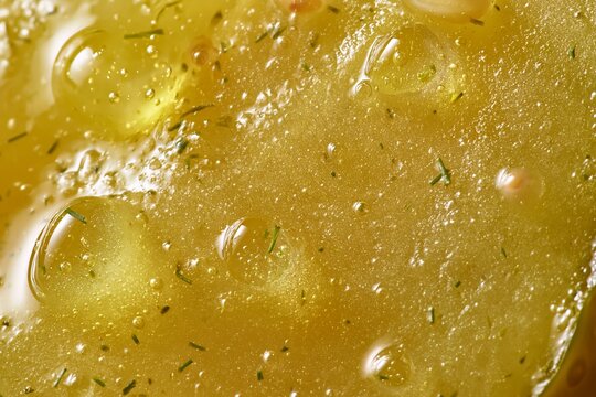 Macro detail shot of pickle skin texture with visible bubbles and seasoning in a jar, showcasing the intricate surface and liquid composition
