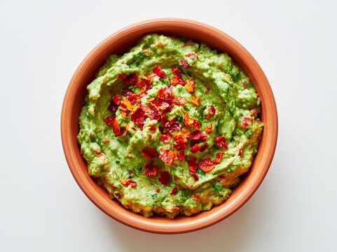 Guacamole in a terra rossa colored bowl topped with red chili flakes, placed on a clean white surface, highlighting the vibrant green color and texture of the dip