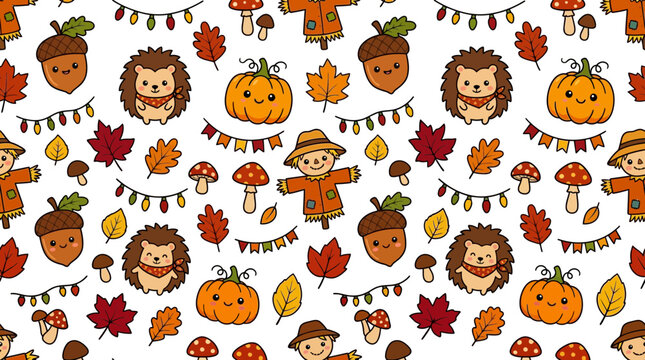 Cute Autumn Pattern with Hedgehogs Pumpkins Acorns and Scarecrows