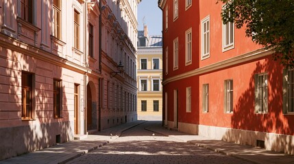 Fototapeta premium Narrow European street view featuring colorful buildings with a cobblestone road, sunlight illuminating the scene, creating a vibrant urban atmosphere