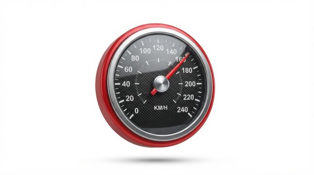 Classic round car speedometer gauge with red needle isolated on white background