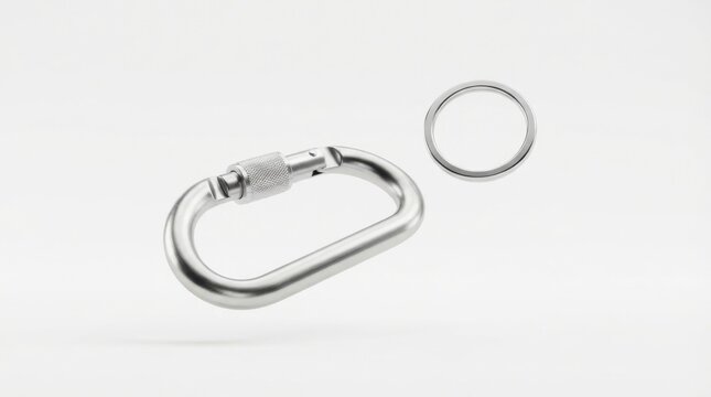 Silver climbing carabiner with metal key ring isolated on white studio background for safety and adventure gear