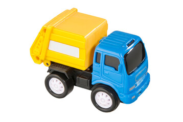 Colorful Plastic Toy Garbage Truck with Blue Cab and Yellow Container © Nadira