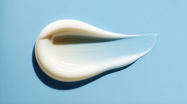 A single swirl of white cosmetic cream texture isolated on a solid light blue background, showcasing a soft and creamy skincare consistency