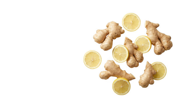 Fresh ginger root pieces and lemon slices isolated on transparent background