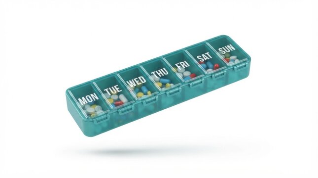 Teal weekly pill organizer with assorted medication capsules for healthcare and wellness management concepts