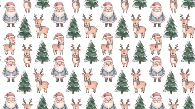 Seamless christmas pattern with cute santa claus, reindeer and pine trees isolated on white background