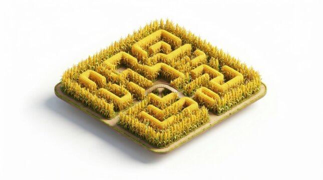 Complex maze built out of yellow corn stalks on a square platform isolated against a white background 3D render