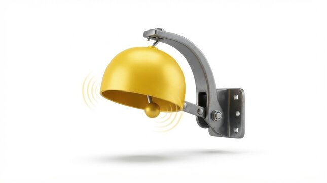 Industrial yellow wall mounted alarm bell isolated on white background 3D render for safety and alert concepts