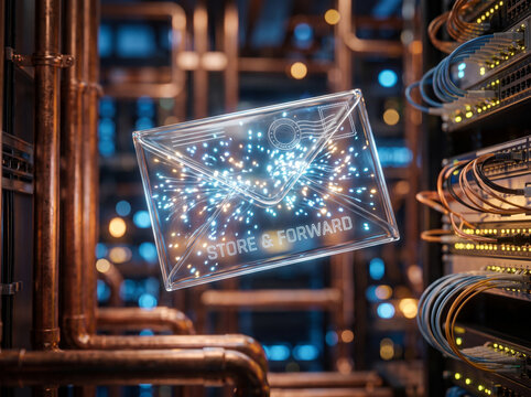 Illuminated Digital Envelope in Steampunk Copper Server Machine Interior