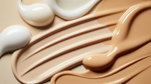 Close-up macro shot of white and beige cosmetic cream smears on a neutral background, showing smooth textures and skincare product swirls