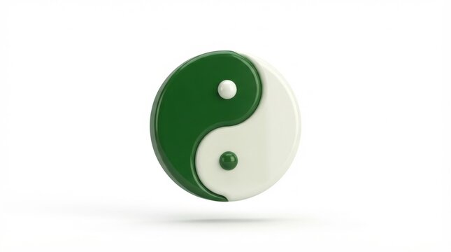 Glossy green and white yin yang symbol floating in mid-air isolated on a bright clean white studio background