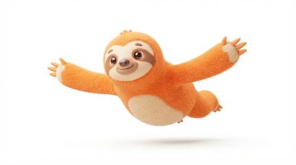 Fototapeta premium Cute cartoon sloth character with orange fur flying or jumping in dynamic pose on white background