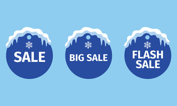 Set of winter sale labels, blue tags decorated with snow and icicles, vector illustration