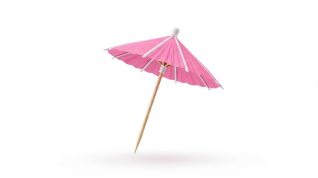 Small pink cocktail umbrella isolated on white background for tropical drink decoration and summer party beverage