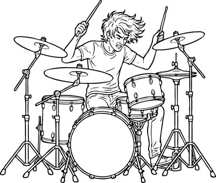Energetic male drummer playing a full drum kit with sticks raised, dynamic line art illustration