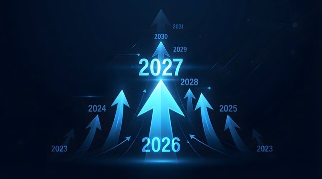 Future forecast with glowing arrows and years leading to 2031 on a dark blue background