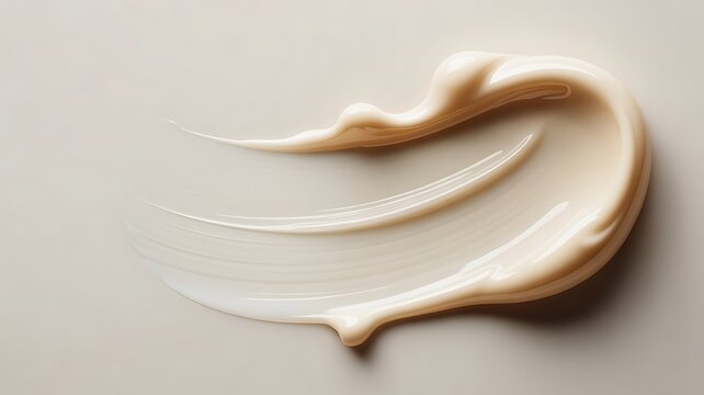 Single smooth swirl of beige cosmetic cream on a neutral background, highlighting the creamy texture and curves of a skincare product sample