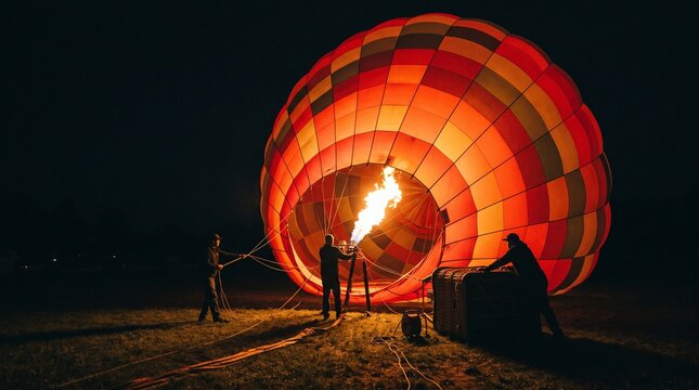 Hot air balloon team prepares for a night flight with a glowing fire burner and colorful envelope