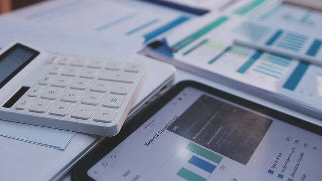 Businessman analyzing financial documents and charts on laptop