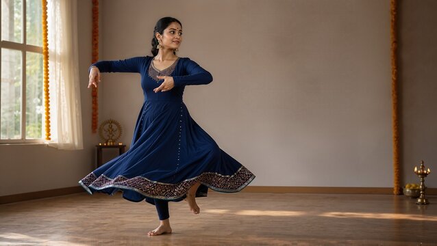 Navaratri dancer practicing Garba alone in elegant attire performing graceful movements in a bright, airy room. Navaratri celebration incorporates traditional dance forms for cultural expression.