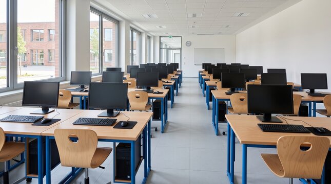 Empty modern computer classroom with desks monitors and chairs in bright school lab