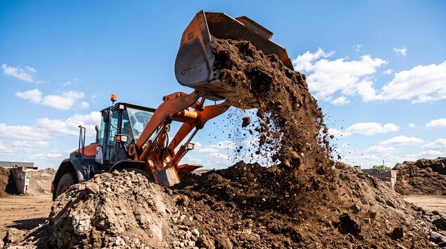 Industrial orange wheel loader or front loader dumping soil on a construction site