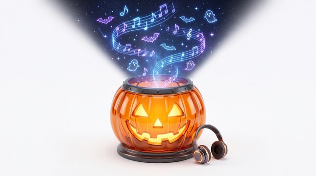 Halloween pumpkin jack-o-lantern with musical notes, spooky glowing magic cauldron effect, orange pumpkin lantern with headphones