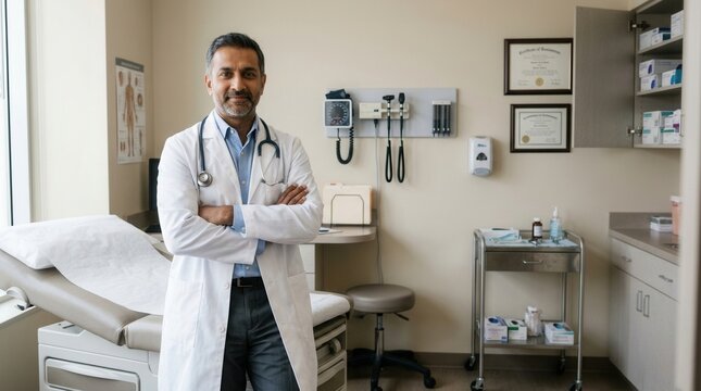 A Confident Doctor Stands in His Examination Room