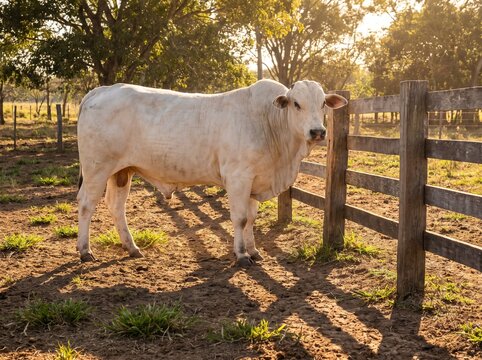 White Nelore bull standing near a wooden fence in a rural farm corral during golden hour sunset, highlighting livestock farming and beef production.