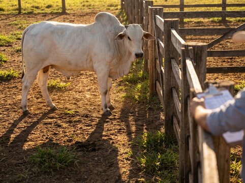 White Nelore bull standing near a wooden fence in a rural farm corral during golden hour sunset, highlighting livestock farming and beef production.