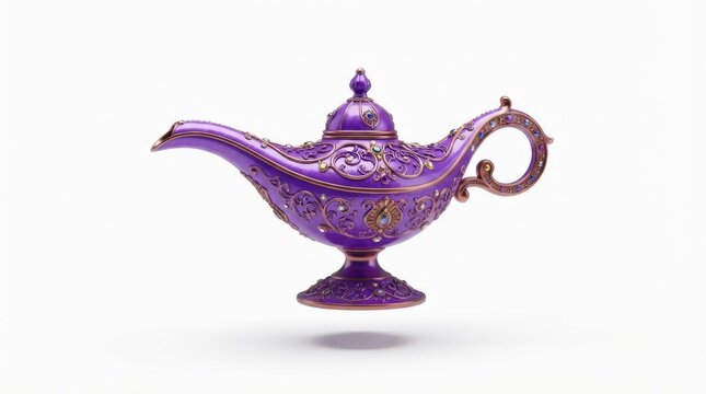 Ornate purple magic lamp with gold accents and sparkling jewels isolated on white background