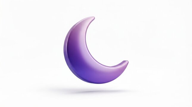 Glossy 3D crescent moon icon with a purple gradient finish isolated on white background