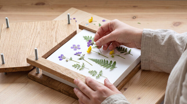 Hands arranging dried and pressed flowers in a wooden press. Botanical herbarium craft on a wooden table.