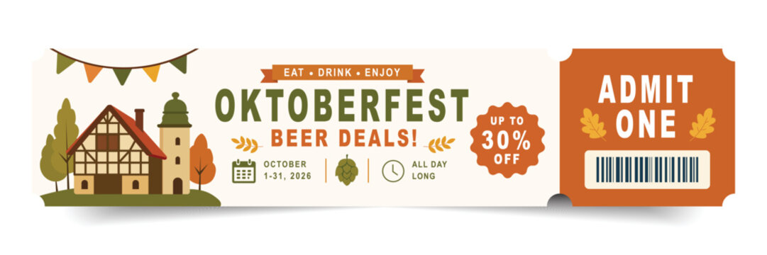 Oktoberfest beer festival ticket design with traditional bavarian house, hop, and autumn leaves. Adress one entry coupon and discount offer vector illustration isolated on white background.