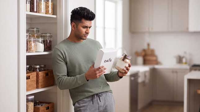 Young man comparing store brand and premium oats in a kitchen pantry. South Asian male reading food labels for healthy breakfast choices. Consumer decision making and price comparison