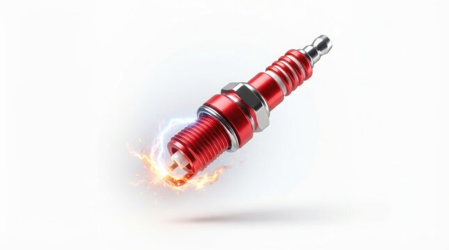 Red automotive spark plug with electrical discharge sparks floating isolated on white background for car maintenance