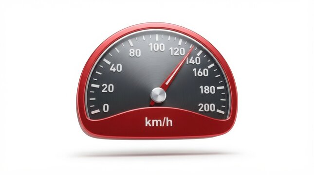 Red speedometer gauge showing high speed floating isolated on white background for automotive and travel concepts