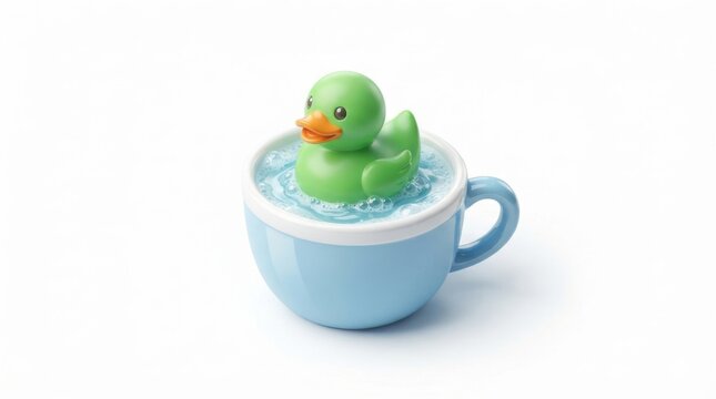 Cute green rubber duck floating in a small blue cup filled with soapy water isolated on white background